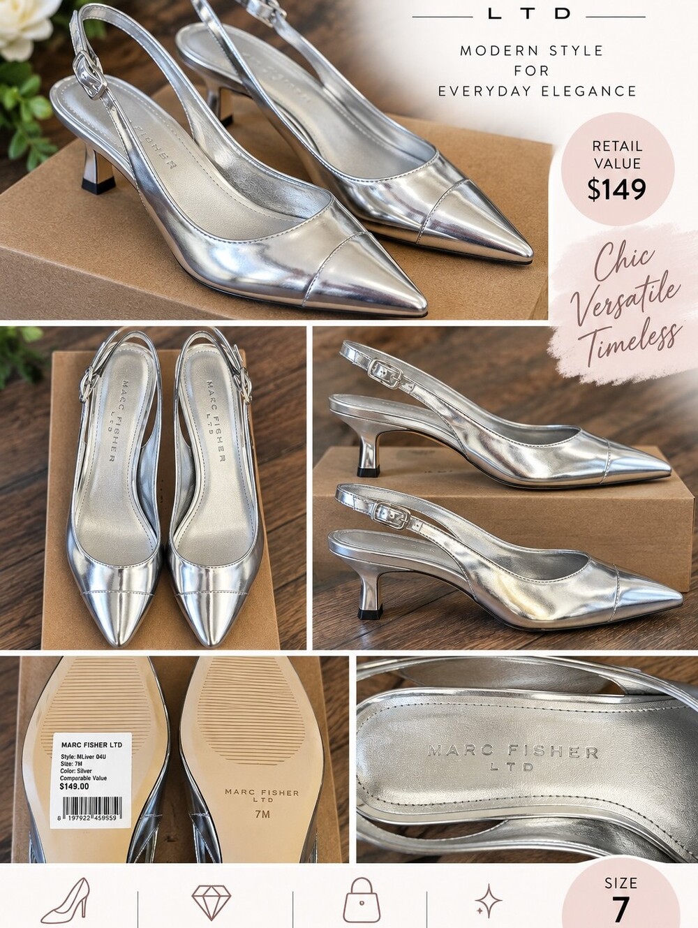 NWOB Marc Fisher LTD  Silver Pointed-Toe Slingback Kitten Heels